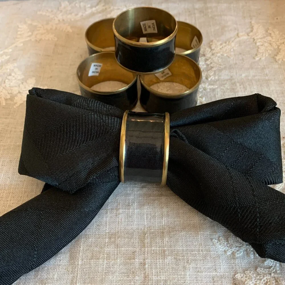 Napkin Rings Set of 6 Black Enamel and Brass Vintage Ralph Lauren Style Elegant